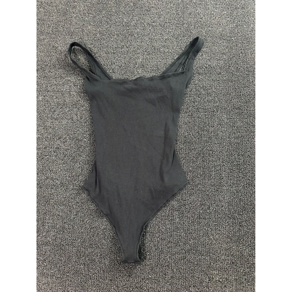 Skims Cotton Rib Bodysuit Soot Black Scoop Neck Sleeveless Ribbed Size M